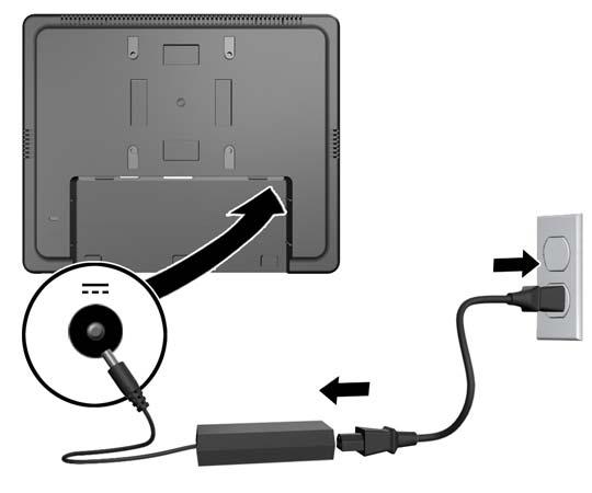 6. Koble den ene enden av strømledningen til skjermen og den andre enden til en stikkontakt. ADVARSEL: Kun for bruk med det medfølgende strømadapteret (effekt12v DC) som har en UL.