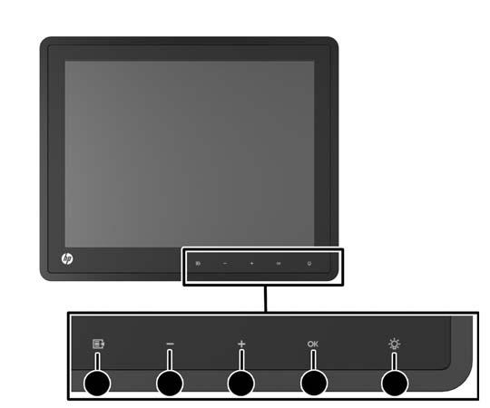 3 Bruke skjermen Kontroller på frontpanelet Figur 3-1 Kontroller på skjermens frontpanel MERK: Frontpanelkontrollene er inaktive dersom de ikke er opplyste.