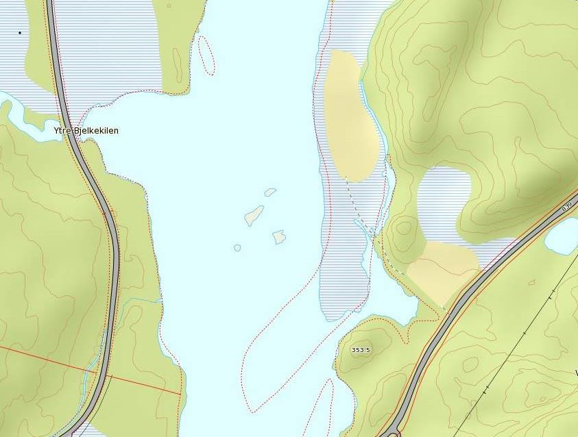 6.10. Nordbø sør Figur: Kartet viser tiltaksområde for Nordbø sør. Figur: Bildet viser oversikt over vegetert område på østlig side av elven.