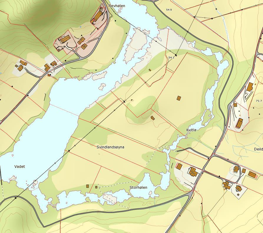 6.2. Sideløp Svindland nedstrøms Trælandsfoss Figur: Kartet viser oversikt over tiltaksområde i sideløp ved Svindlandsøyna.