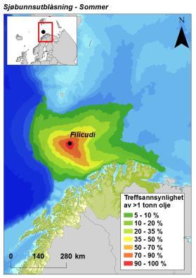 Resultatene viser at oljen etter utblåsning i stor grad spres i sørøstlig retning inn mot Finnmarkskysten. Treffsannsynlighethen langs Finnmarkskysten ligger i området 5-35 %.