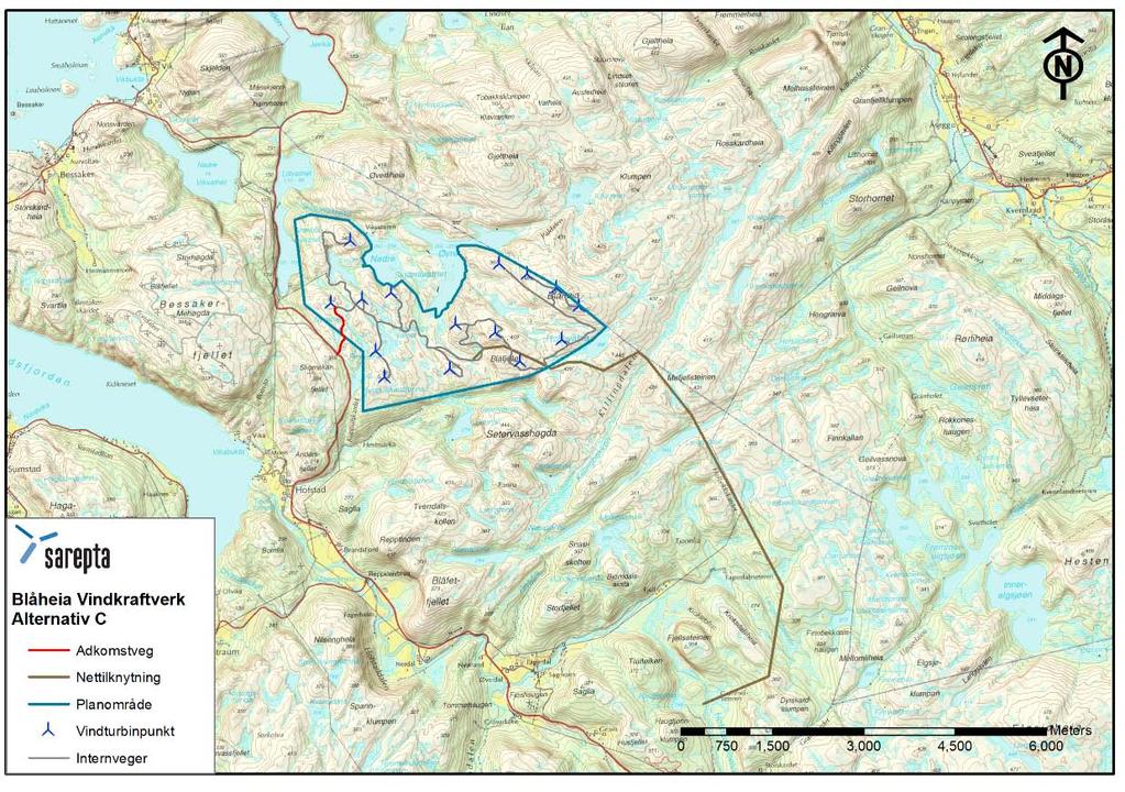 noe mindre. Vi velger imidlertid å beholde samme størrelse på denne som for hovedalternativet inntil detaljprosjekteringen skal gjennomføres. Planområdet utgjør ca 15 km 2.