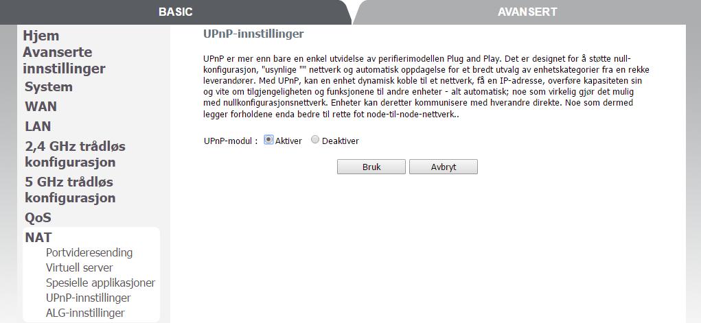 UPnP (Universal Plug and Play) UPnP (universal Plug and Play) er en funksjonen som gjør UPnP kompatible enheter i stand til å kommunisere seg i mellom om hvilke funksjoner de tilbyr. Om du f. eks.