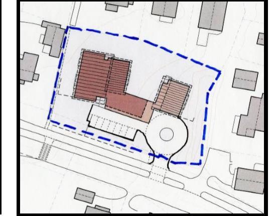 Bilde 3 vedtatte planer, situasjonskart Av de innsendte tegninger i nabovarsel er dette endret ved at parkeringsareal er flyttet delvis i nordøstre hjørne av bygget, se under bilde 4.