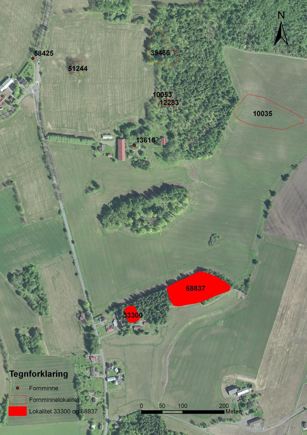 Figur 2: Satelittfoto over de registrerte områdene som er markert med røde felt.