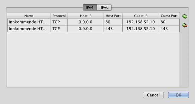 Portforwarding i VirtualBox (Mac) Videresendingsregler defineres under Port Forwarding I vinduet for NAT-nettet For hver regel: Navn på regelen Transportprotokoll, IP-adresse og portnummer (i ytre