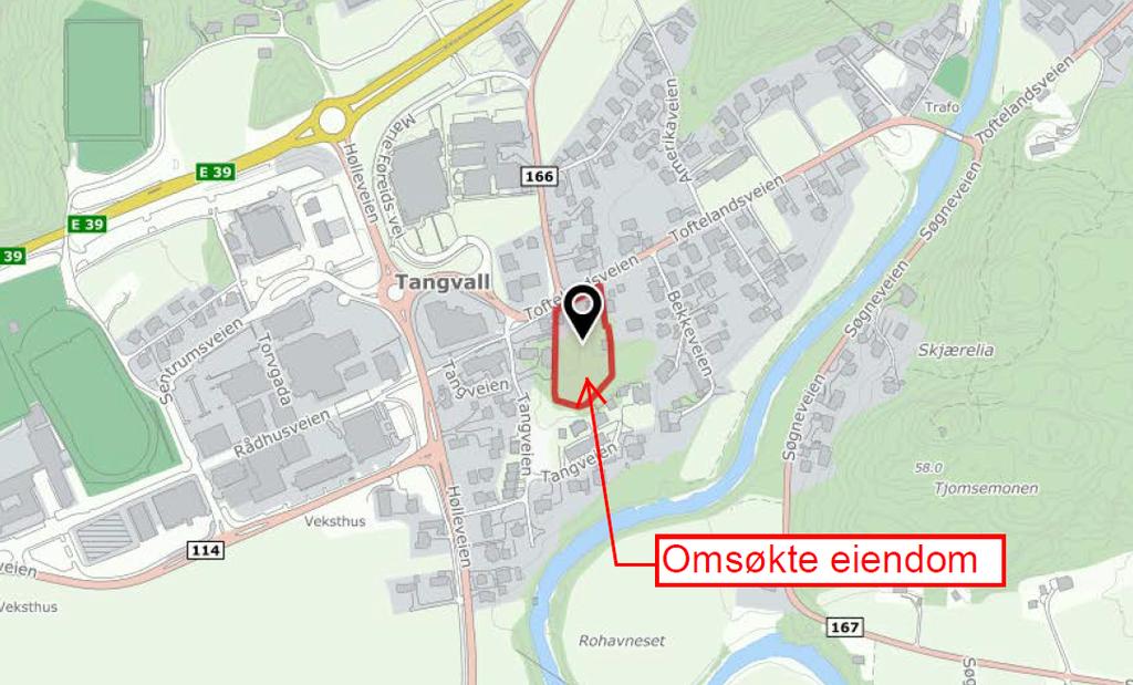 Oversiktskart GB 73/56 Toftelandsveien 16 Gjeldende plangrunnlag: Eiendommen ligger innenfor område regulert til byggeområde for boliger i reguleringsplan for Vestre del av Kleplandsområdet.