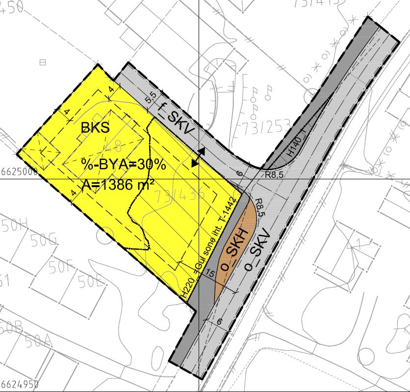 Planområdet overlapper mot NØ, område til næringsbebyggelse (Blå farge) mht. adkomstvei.