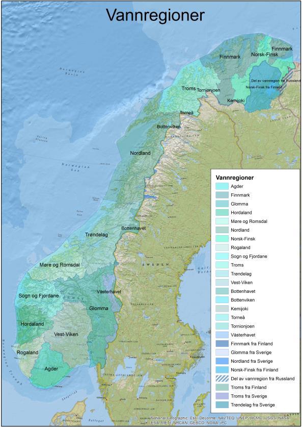 Tabell 2 gir en oversikt over hvordan kommunene er fordelt i de ti vannområdene i Nordland. Figur 1. Kart over vannregion Nordland med vannområder og grensekryssende vassdrag Figur 2.