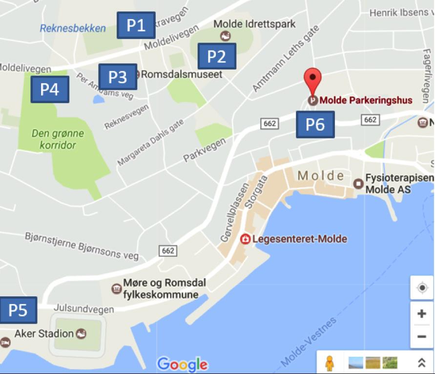 Parkeringsmuligheter P1: Molde Arena (0 m) P2: Idrettens Hus (100 m) P3: Museet (100 m) P4: