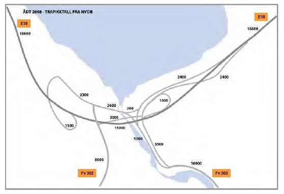 Trafikktall Farriseidet fra planbeskrivelsen for ny E18 Bommestad-Sky. Planbeskrivelsen sier at «belastningen på 8000 i ÅDT på Fv302 Brunlanesveien gjelder kun den nordligste biten ved Farriseidet.