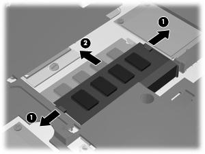 b. Ta tak i kanten på minnemodulen (2), og trekk den forsiktig ut av minnemodulsporet. Plasser minnemodulen i en antistatisk pose for å beskytte den etter at du har tatt den ut. 14.