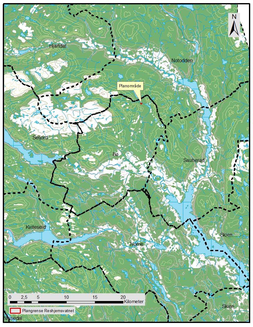 Området Reshjemvatnet ligger helt nord i Bø kommune, få kilometer unna kommunegrensen til Notodden.