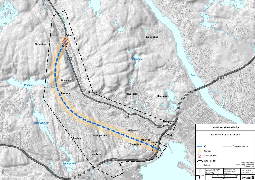 3.1.3 Korridor A6 Figur 3-3 Skisse av traséen for A6. Som referansealternativet for 2040, men med ny rv. 9 mellom Arkivet og Dalane. Fartsgrensen på eksisterende rv.