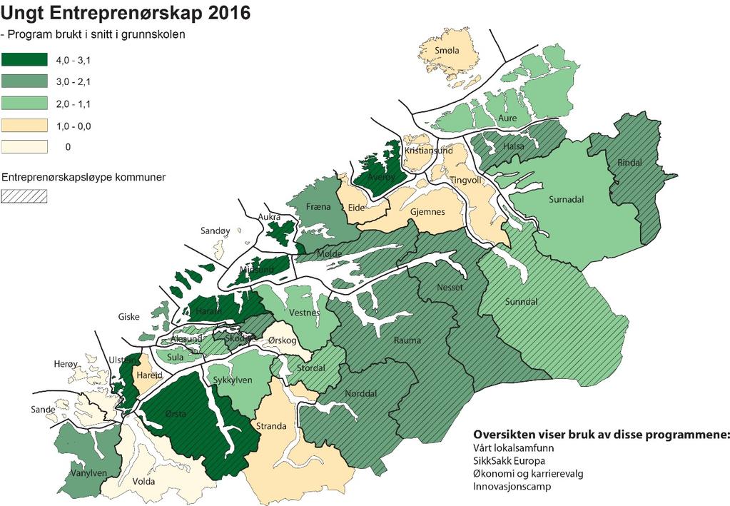 Figur 1: Bruken av dei viktigaste UE-programma i kommunane i Møre og Romsdal. Ungt Entreprenørskap søker om 4 000 000 kroner for å gjennomføre Entreprenørskapsløype fase III (2017-2019).