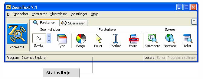 240 Navngi programmer Når ZoomText er startet vil navnet på det aktive programmet vises i statuslinjen til ZoomText.