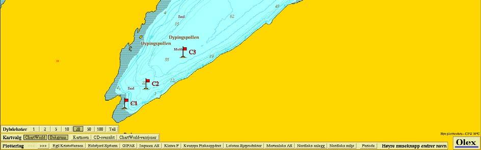 til utslipp (m) 2250 1980 1450 950 1070 Figur 2: Stasjonskart C-stasjoner, Dypingspollen, juli 2016. Kartet viser også plassering av utslippsledning fra lokalitet Nordneset ved gult utropstegn. 3.