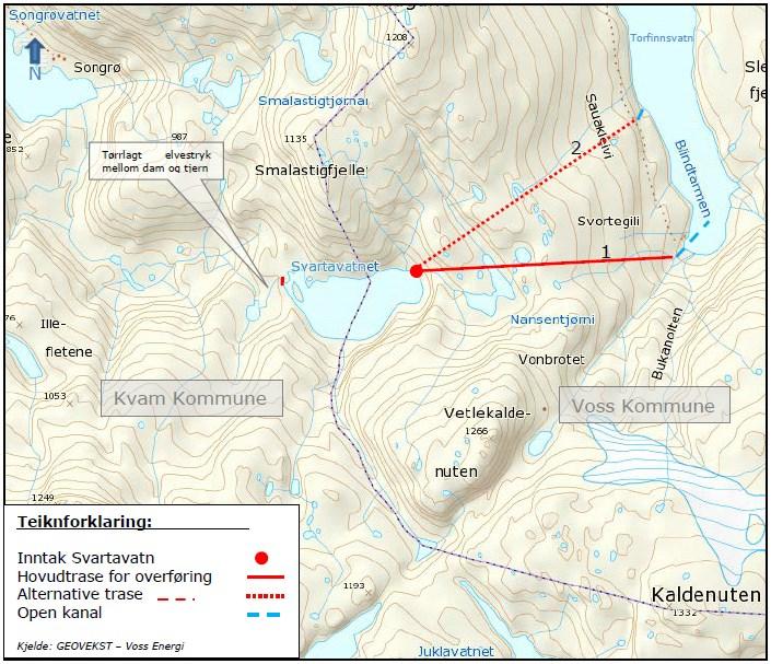 Side 4 Beliggenhet og eksisterende forhold Utbyggingsområdet ligger i Bergsdalvassdraget i Voss kommune, sørvest for Voss sentrum, som vist i figur 1.