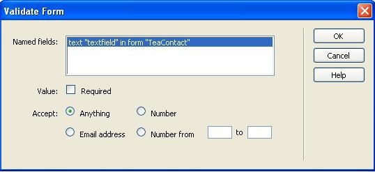 Validate Forms 1. Sett musepekeren i skjemaet, klikk om nødvendig <form> taggen i tagvelger nederst i dokumentvinduet 2. Velg Window > Behaviors 3. Velg Validate Form 4.