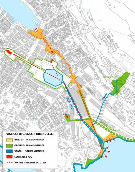 3D sett fra Rådhusets 14. etg. Den overordnede bystrukturen er sammensatt av lange sammenhenger som skapes av byromsforløp, det grønne, vann og siktlinjer.