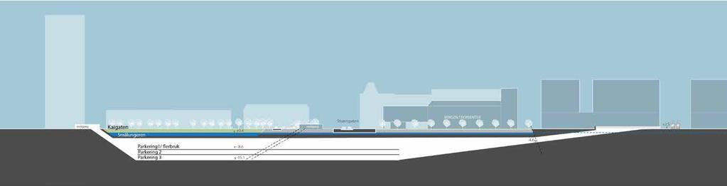 Forslag: Langsnitt i Fjøsangerveien med kjellerkjøretilkomst og oppriss Busstasjon.