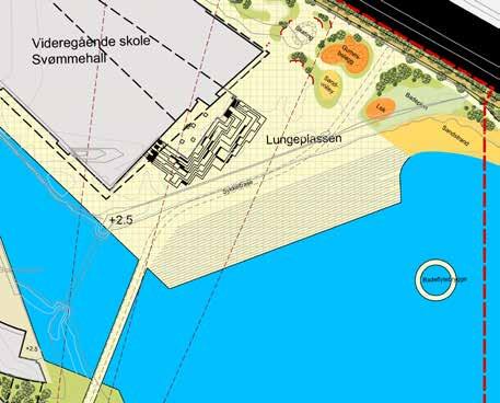 Lungeplassen (7) 3D: Forslag, svaberg, bro, treamfi og sandstrand.oversikt under plattformen og utsikt fra trappene foran Svømmehallen.