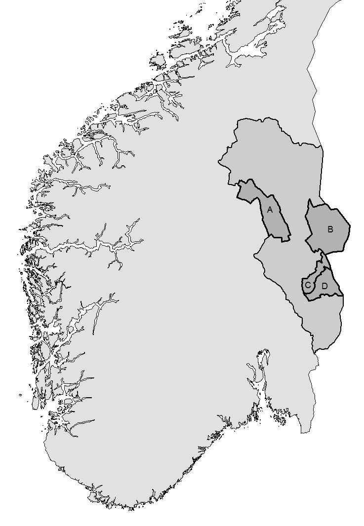 12 Figur 1. Kart som viser lokaliseringen av studieområdet sørøst i Norge i Hedmark fylke: Stor- Elvdal kommune (A), Trysil kommune (B), Våler kommune (C) og Åsnes kommune (D). 2.
