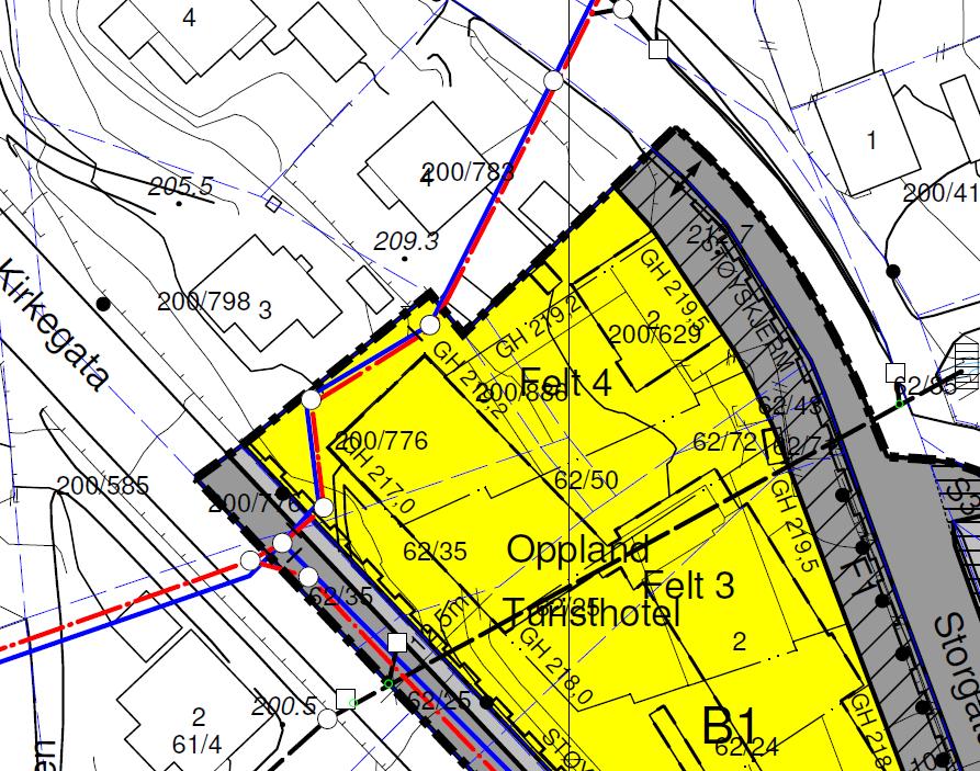 2 Utsnitt fra plankartet. Kirkegata 3 og 4 rett nord for planområdet.