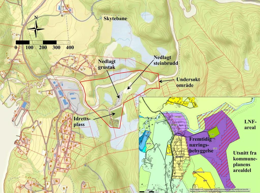 Geofysiske og hydrogeologiske undersøkelser ved Sandvoll 6 Utover dette så ligger det en skytebane på nordsiden av ei myr 450 meter nord for elva, se figur 3.