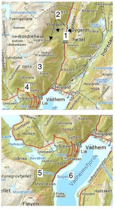 Figur 6-45 Viktige vassførekomstar i planområde. 1 Ytredalselva, 2 - Ytredalselvas bekkefelt pilene syner nokre av tilløpa. 3- Kupa, 4 Utløp Røyrvatnet, 5 Bugelva, 6 Vadheimsfjorden.