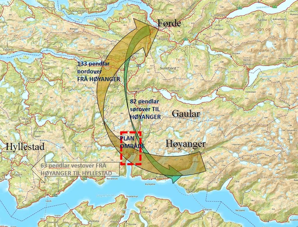 Figur 7-1 Pendlestraumar gjennom planområde nord/sør/søraust via E39, fv. 93 og fv. 55 (mellom fleire kommunar).
