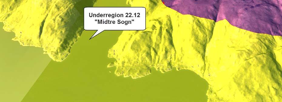 farge). Landskapsregionane vert delt inn i underregionar. Prosjektet ligg hovudsakleg i underregion 22.12 (Midtre Sogn) og så vidt i underregion 22.13 (Viksdalsvatnet/Haukedalsvatnet).