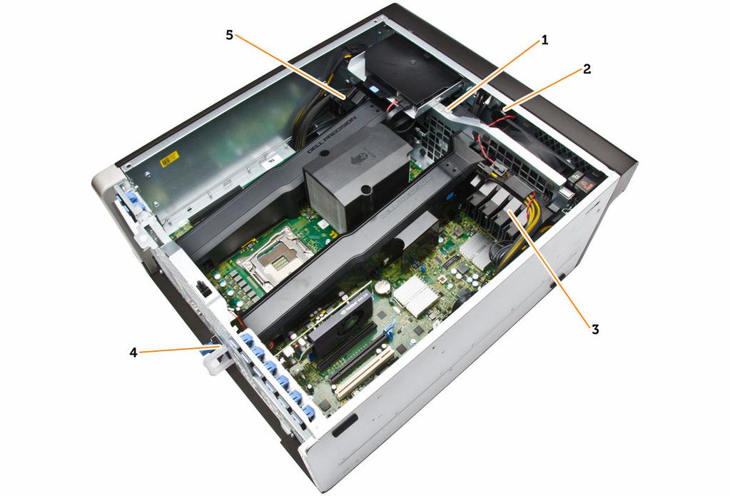 Figur 3. Innsiden av datamaskinen T7910 1. Systemvifter 2. høyttaler 3. PCIe-kortlås 4. strømforsyning 5. PCIe-kortlås Ta ut strømforsyningsenheten (PSU) 1.