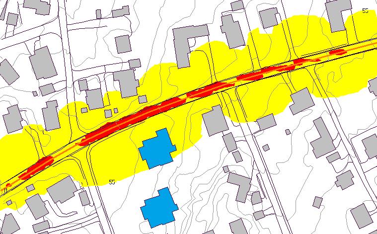 Støysoner L den 4 m over terreng Støysoner L den 1,5 m over terreng STØYSONEKART Rød støysone Gul støysone Område: Kvilavegen, Bekkelaget Ny