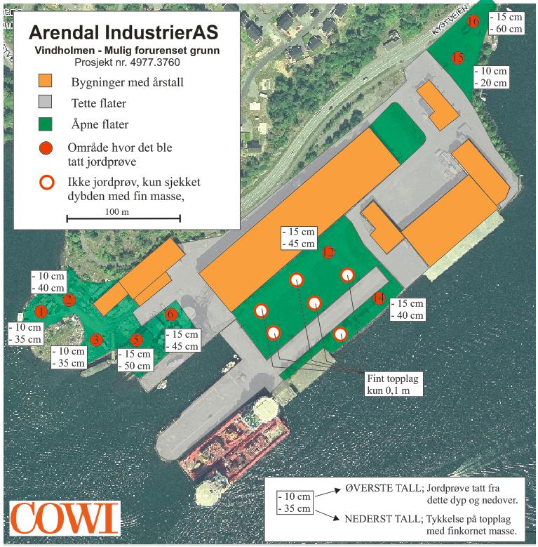 12 ARENDAL INDUSTRIER AS Figur 3: Oversikt over gravde sjakter på Vindholmen 26.10.11. For samtlige sjakter er det angitt tykkelse på det finkornede topplaget.