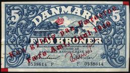 Kurator Lorentz Schmidt har forsøgt at få tilsammen 300 rigsdaler vekslet, i 1858-59, selv om sedlerne var ugyldige efter statsbankerotten i 1814. 3488 DANMARK. 5 kroner 1918 B, Sieg 100, Pick 20, kv.