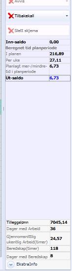 I tallene nederst finner man: - Innsaldo (fra forrige periode). - Beregnet tid i planperiode: I planen: 216, 3 timer = 200,03 planlagt tid + 16, 86 timer ekstra (pga.