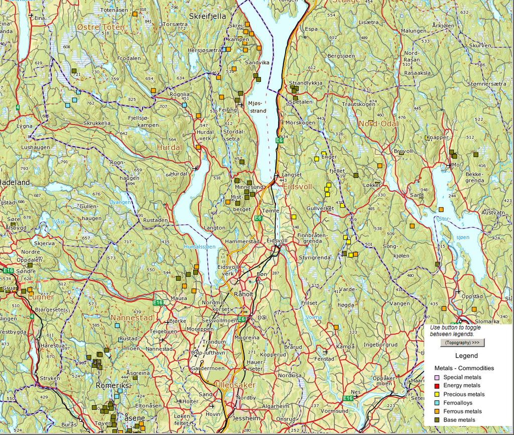 Figur 1. Oversikt over tidligere gruver og type gruver, hentet fra NGU sin kartdatabase. 3. Vurderinger Vurderinger fra alle gruvene bortsett fra «precious metals», dvs.