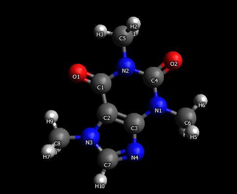 Resultater I figur 1 kan en optimert geometri av koffeinmolekylet ses. Figur 1: Koffeinmolekylet med optimert geometri (HF) og markeringer.