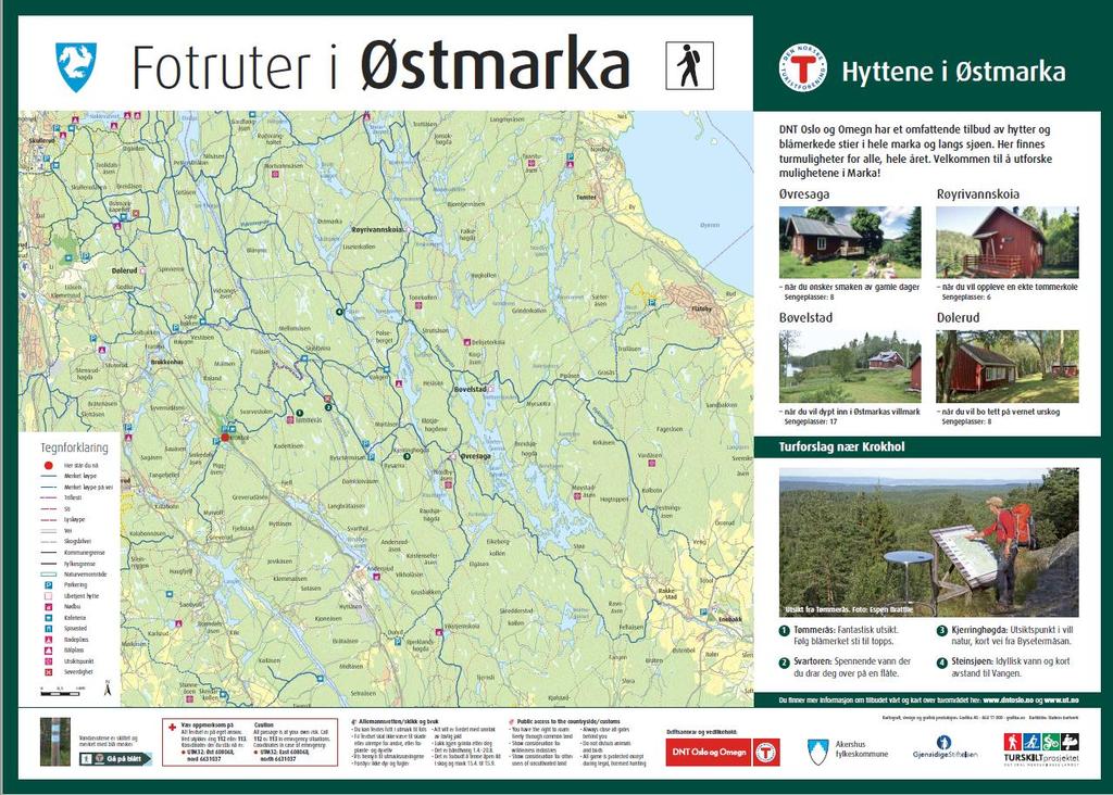 Infotavler Vandrersymbol (med hvit gradering). Kart med tydelig inntegnet rute. Andre stier vises. Tegnforklaring med målestokk. Kommunevåpen. DNT: T. xx Turlag.