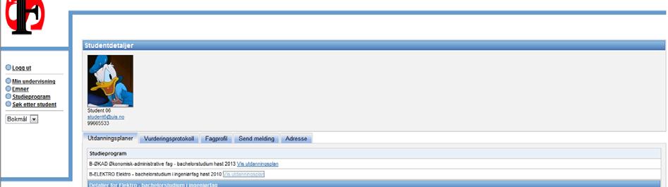Studentens navn, epostadresse, telefon/mobiltelefonnummer, Studentens utdanningsplaner