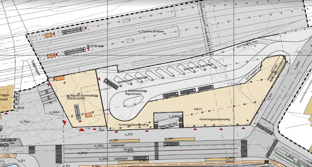 Bussterminalen med nasjonale, regionale og lokale bussruter foreslås også plassert i plan 1 bak handelsarealet og med inngang fra terminalbygget/perrongen i spor 1.