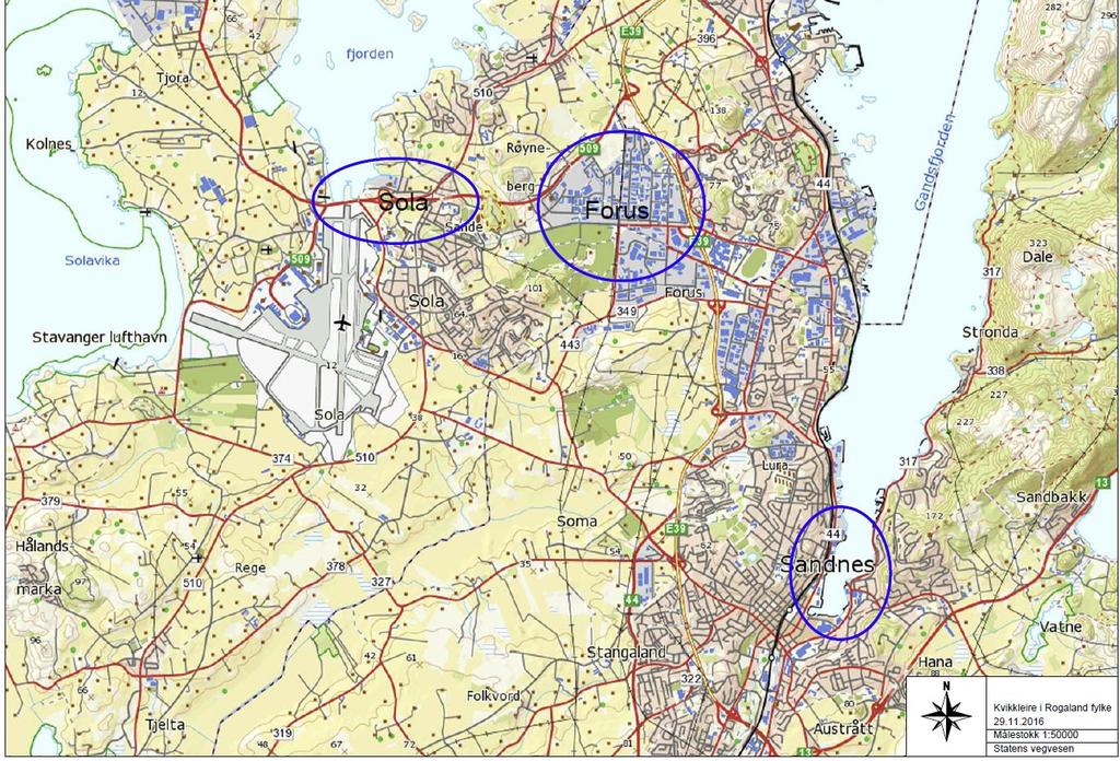 Kvikkleirefunn i Rogaland Vegvesenet: Forus, Sola, Sandnes (Gandsfjorden), Sand (Suldal) + punktvis andre steder Kilde: Presentasjon for Rogaland