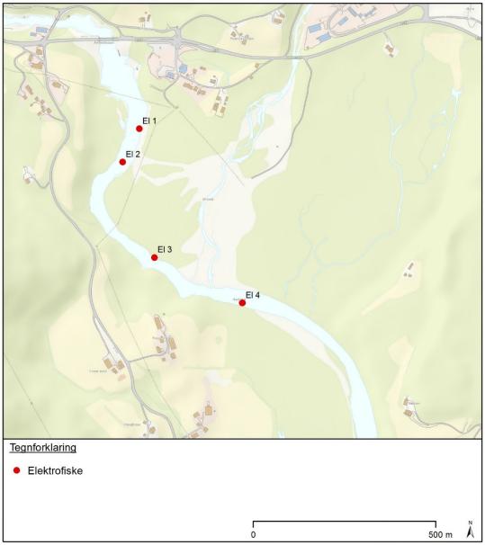 Figur 2. Elektrofiskestasjoner 13. oktober 2015. Registrering av elvemusling Det er gjort en enkel kartlegging av elvemusling i utløpsområdet.