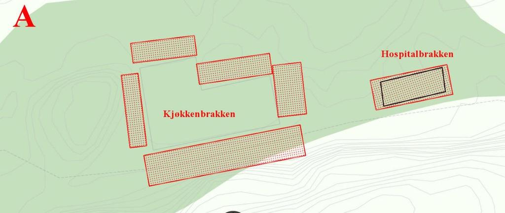 Figur 2. Skjøtselsonen rundt kjøkkenbrakken og sanitetsbrakken. Hugstfeltene markert med rødt. Krigsfangeleiren på Helgøya bestod av et innhegnet område med en fangebrakke og en lagerbunker.