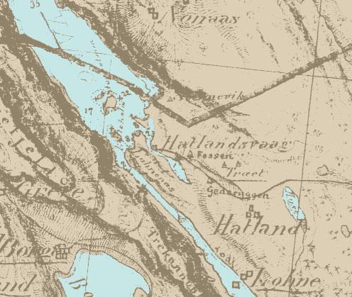 Figur 5 Kart over Lonevåg frå 1859 Gardane lengre frå sjøen vart opparbeida etappevis. Naturressursane utgjorde livsgrunnlaget, men med tida vart handel òg ei viktig inntektskjelde.