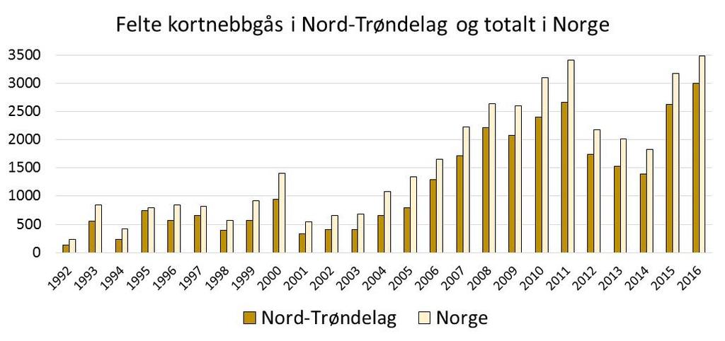 3 Jakt og fellingstall Figur 5 viser fellingstallene fra Statistisk sentralbyrå for kortnebbgås fra 1992 og frem til og med høsten 2016.