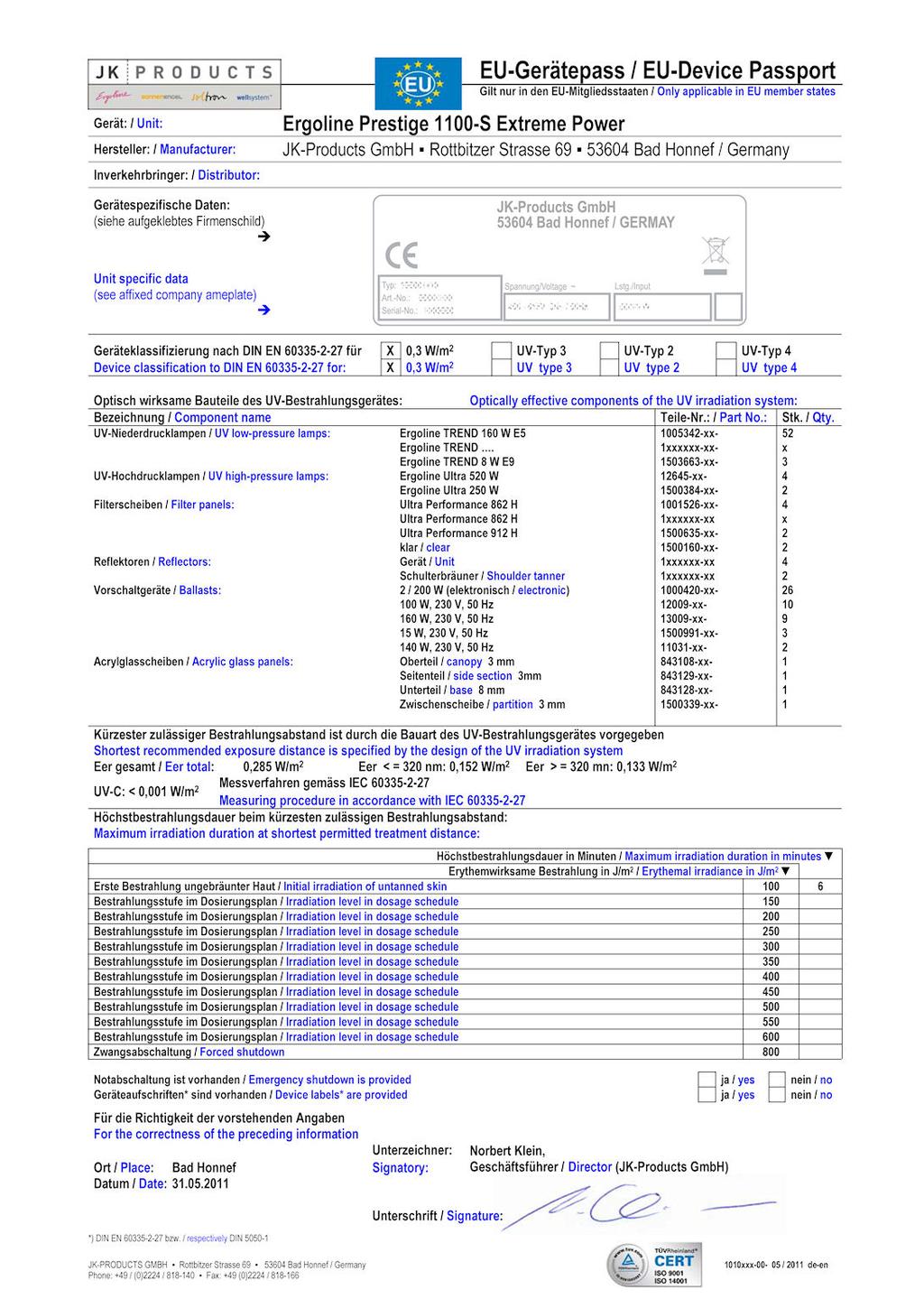 Apparathåndb Apparat-stamdata Produsent: Apparat / betegnelse: JK-Products GmbH Köhlershohner Straße 53578 Windhagen, Germany Formålsbeskrivelse: Anskaffelsesår (Innkjøpsdato): Driftsnedleggelse