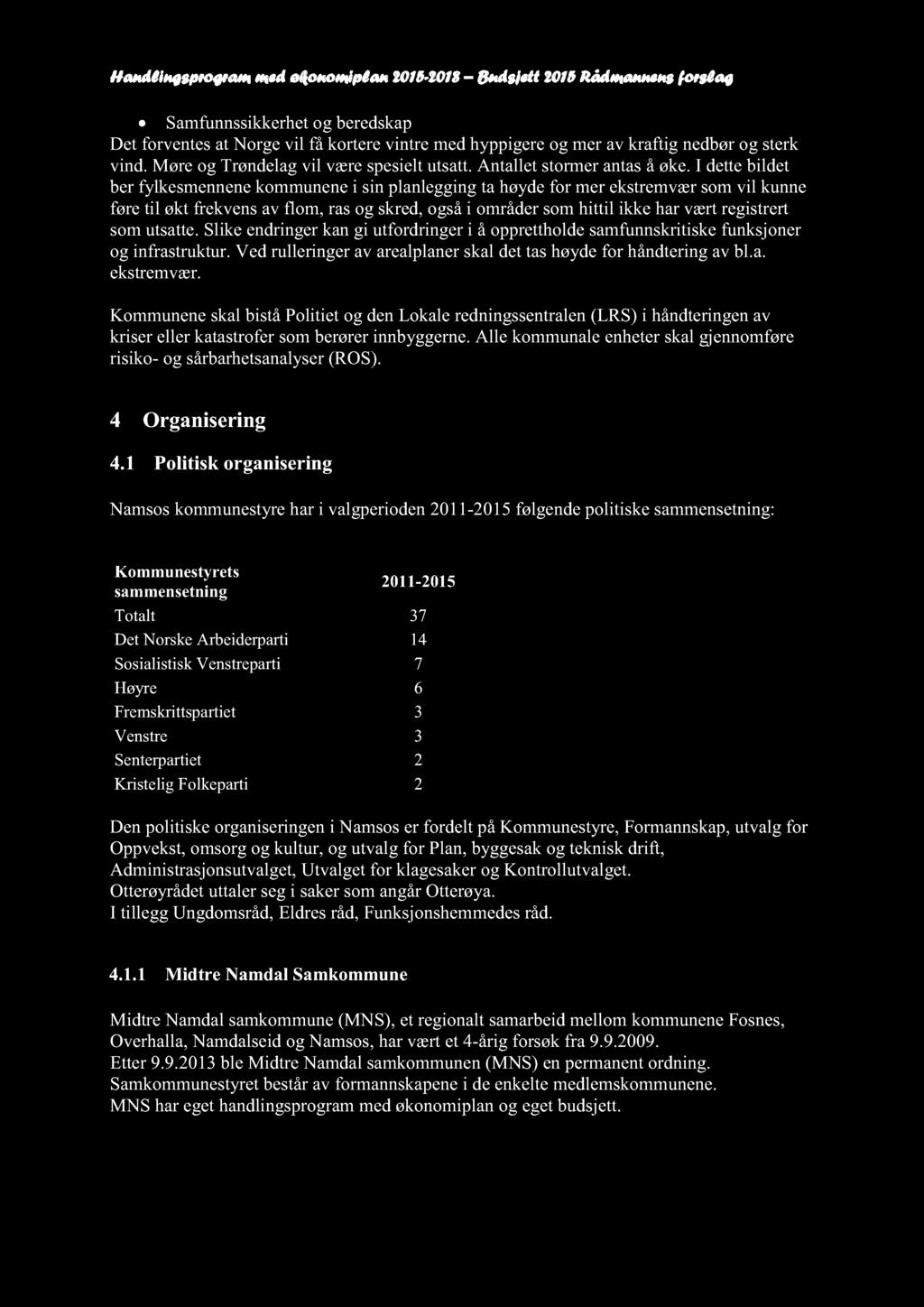 Handlingsprogram med økonomiplan 2015-2018 Budsjett 2015 Rådmannensforslag Samfunnssikkerhet og beredskap Det forventesat Norgevil få korterevintre medhyppigereog merav kraftig nedbørog sterk vind.