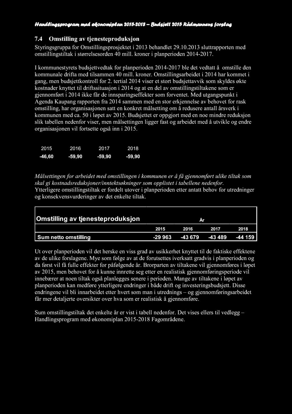 Handlingsprogram med økonomiplan 2015-2018 Budsjett 2015 Rådmannensforslag 7.4 Omstilling av tjenesteproduksjon Styringsgruppafor Omstillingsprosjekteti 2013behandlet29.10.